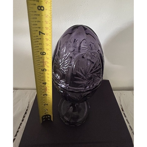 Vtg Victorian Trading Co Purple Glass Footed Egg Shaped Trinket Covered Compote - Picture 8 of 10